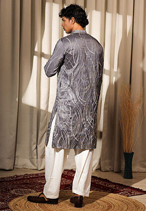 Embroidered Viscose Silk Kurta Set in Grey