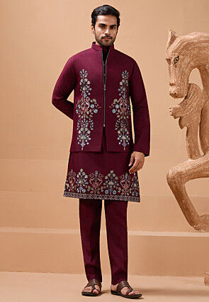 Embroidered Viscose Silk Kurta Set in Maroon