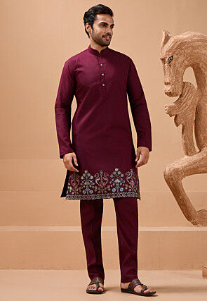 Embroidered Viscose Silk Kurta Set in Maroon