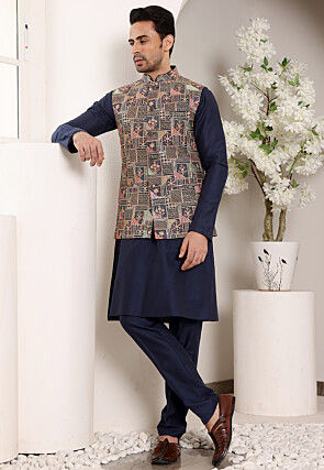 Embroidered Viscose Silk Kurta Set in Navy Blue