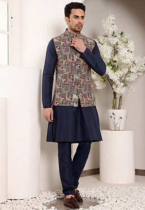 Embroidered Viscose Silk Kurta Set in Navy Blue