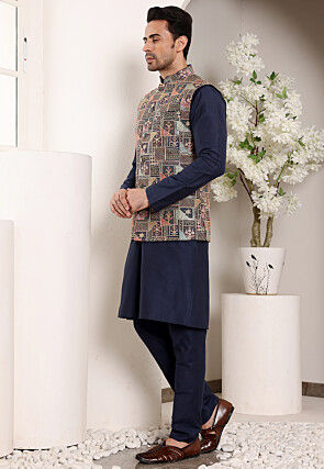 Embroidered Viscose Silk Kurta Set in Navy Blue