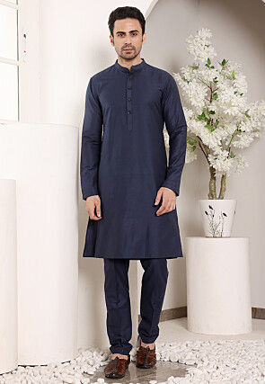 Embroidered Viscose Silk Kurta Set in Navy Blue