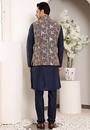 Embroidered Viscose Silk Kurta Set in Navy Blue