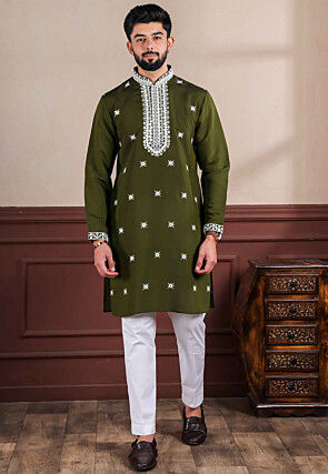 Embroidered Viscose Silk Kurta Set in Olive Green