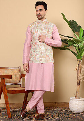 Embroidered Viscose Silk Kurta Set in Pink and Off White