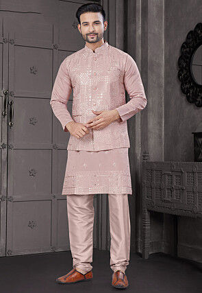 Embroidered Viscose Silk Kurta Set in Pink