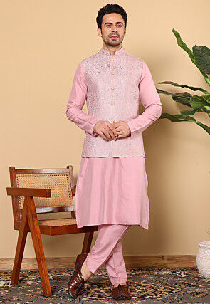 Embroidered Viscose Silk Kurta Set in Pink