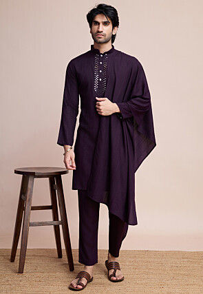 Embroidered Viscose Silk Kurta Set in Purple