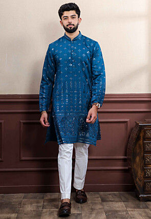 Embroidered Viscose Silk Kurta Set in Teal Blue