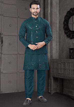 Embroidered Viscose Silk Kurta Set in Teal Green