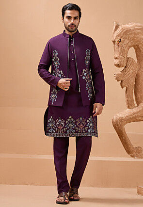 Embroidered Viscose Silk Kurta Set in Violet