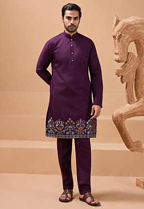 Embroidered Viscose Silk Kurta Set in Violet