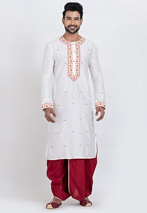 Embroidered Viscose Silk Kurta Set in White
