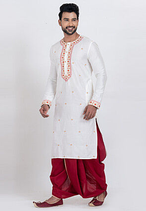 Embroidered Viscose Silk Kurta Set in White