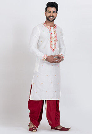 Embroidered Viscose Silk Kurta Set in White