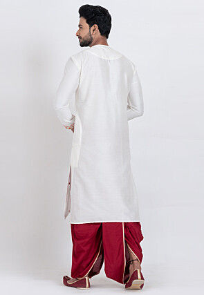Embroidered Viscose Silk Kurta Set in White