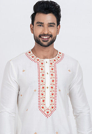 Embroidered Viscose Silk Kurta Set in White
