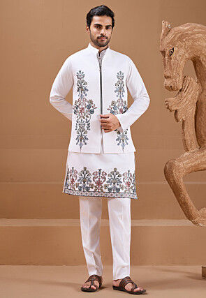 Embroidered Viscose Silk Kurta Set in White