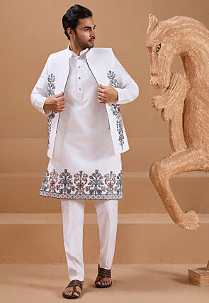 Embroidered Viscose Silk Kurta Set in White