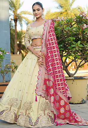 Embroidered Viscose Silk Lehenga in Cream