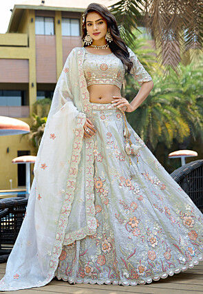 Embroidered Viscose Silk Lehenga in Light Green