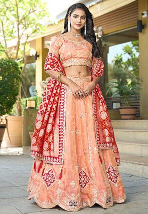 Embroidered Viscose Silk Lehenga in Peach