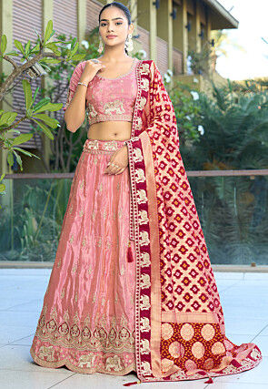 Embroidered Viscose Silk Lehenga in Pink