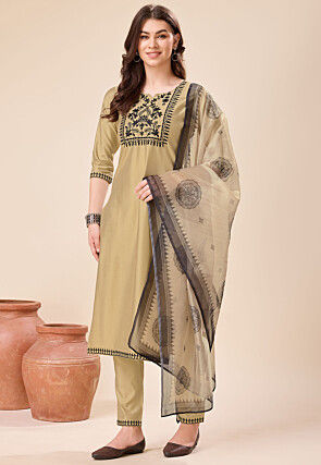 Embroidered Viscose Silk Pakistani Suit in Beige