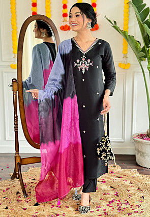 Embroidered Viscose Silk Pakistani Suit in Black