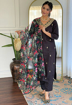 Embroidered Viscose Silk Pakistani Suit in Black