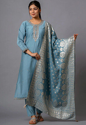 Embroidered Viscose Silk Pakistani Suit in Blue