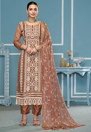 Embroidered Viscose Silk Pakistani Suit in Brown