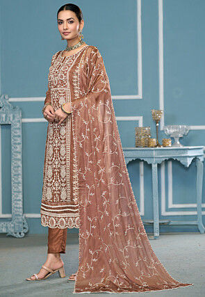 Embroidered Viscose Silk Pakistani Suit in Brown