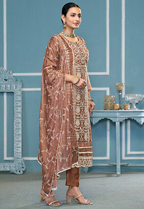 Embroidered Viscose Silk Pakistani Suit in Brown