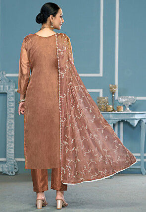 Embroidered Viscose Silk Pakistani Suit in Brown