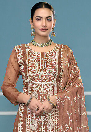 Embroidered Viscose Silk Pakistani Suit in Brown