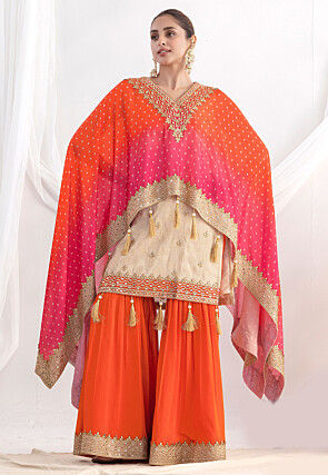 Embroidered Viscose Silk Pakistani Suit in Light Beige