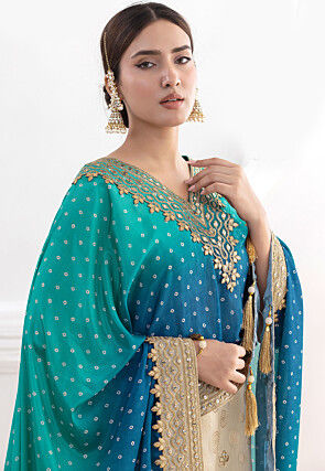 Embroidered Viscose Silk Pakistani Suit in Light Beige