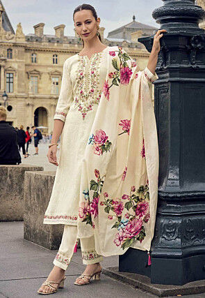 Embroidered Viscose Silk Pakistani Suit in Cream
