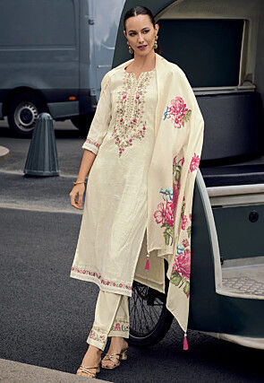 Embroidered Viscose Silk Pakistani Suit in Cream