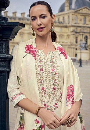 Embroidered Viscose Silk Pakistani Suit in Cream