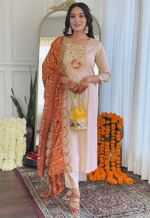 Embroidered Viscose Silk Pakistani Suit in Cream