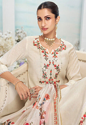 Embroidered Viscose Silk Pakistani Suit in Cream