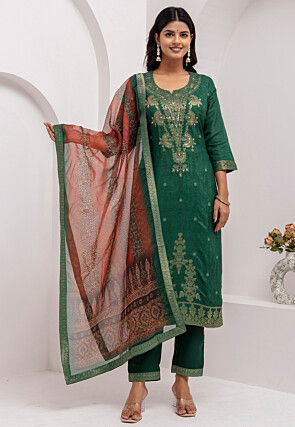 Woven Viscose Silk Jacquard Pakistani Suit in Dark Green