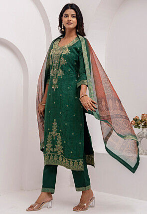 Woven Viscose Silk Jacquard Pakistani Suit in Dark Green
