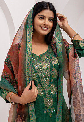 Woven Viscose Silk Jacquard Pakistani Suit in Dark Green
