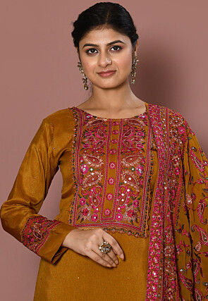 Embroidered Viscose Silk Pakistani Suit in Dark Mustard