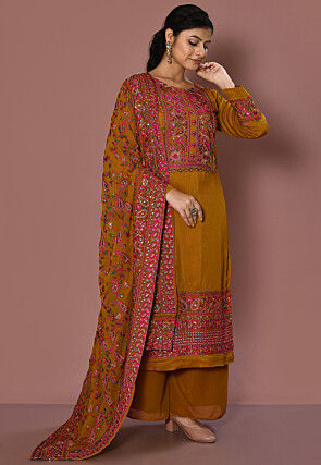 Embroidered Viscose Silk Pakistani Suit in Dark Mustard