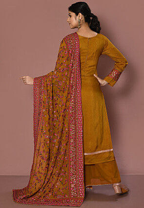 Embroidered Viscose Silk Pakistani Suit in Dark Mustard